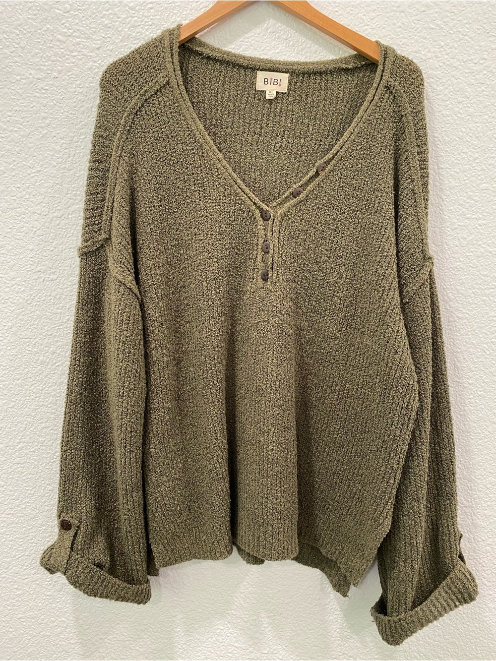 BiBi Sweater Waffle Knit Pullover Size XL Oversized Slouchy Chunky Boho Homey